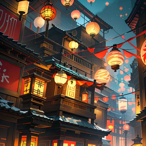 Lanterns are lit over the city, Rosla global lighting, Lanterns, street lanterns glow, evening lanterns, ross tran. scenery background, street lanterns are shining, glowing lanterns, Glowing lights! Digital painting, evil spirits roam with lanterns, Floati...