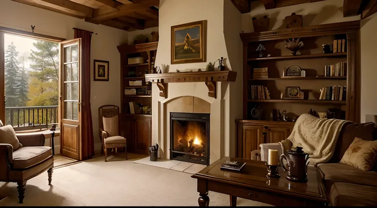 a cozy castle room, with a cozy bookshelf, coffee can and cups over the table, with a side fireplace, just one fireplace, theres a door opened to the castle garden