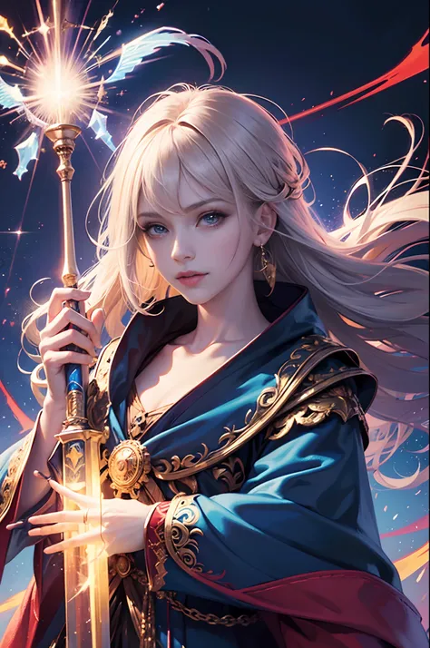 High-resolution closeup portrait of a magician, with ornate robes and a ((powerful magic wand)), bright colorful light shining behind, detailed face. Alchemy symbols.