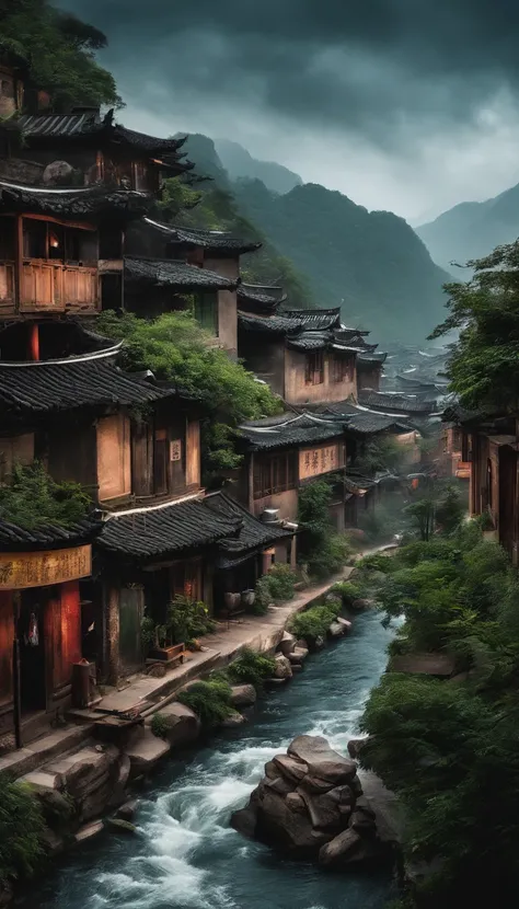 Ink scenery，white backgrounid，Deep indigo and green，Desolate city，Run-down streets，A group of poor people in rags，ink，Wide River，florals，baiyun，High angle of view，clean and simple lines