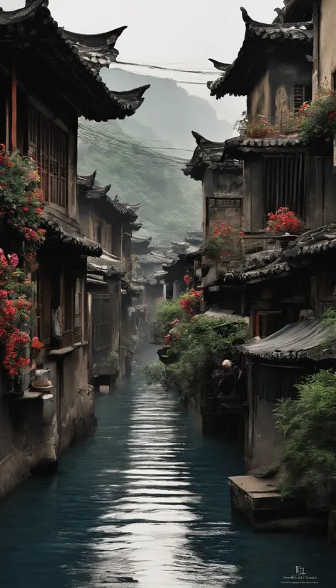 Ink scenery，white backgrounid，Deep indigo and green，Desolate city，Run-down streets，A group of poor people in rags，ink，Wide River，florals，baiyun，High angle of view，clean and simple lines