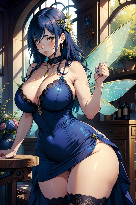 Best quality, solo mature woman, giant breasts, giant ass, very curvy, indigo blue hair, Chardonnay yellow eyes, full lips, seductive, short flowy dress, fairy wings, flower necklace, lacy thigh highs, thick thighs, curvy physique