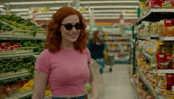 Allison confidently promotes the snacks in the grocery store, wearing a pink crop top, ponytail, blue jeans, and hiking boots. Her vibrant red hair and glasses add to her unique appearance. Allison, a 24-year-old American from Corpus Christi, Texas, stands...