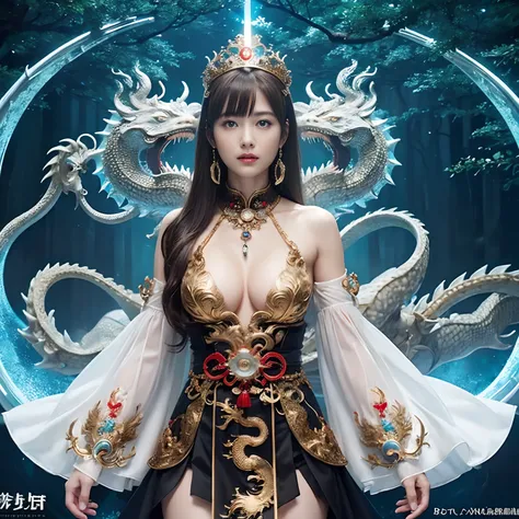 (Fight fiercely with dragons)、top-quality、​masterpiece、超A high resolution、（White Dragon Armor）、(((Colossal tits))),dragon armor、(Wearing a beautiful crown made of jewels),(Photorealsitic:1.4)、Raw photo、女の子1人、Golden hair、glowy skin、(((Chinese Dragon)))、（Gor...