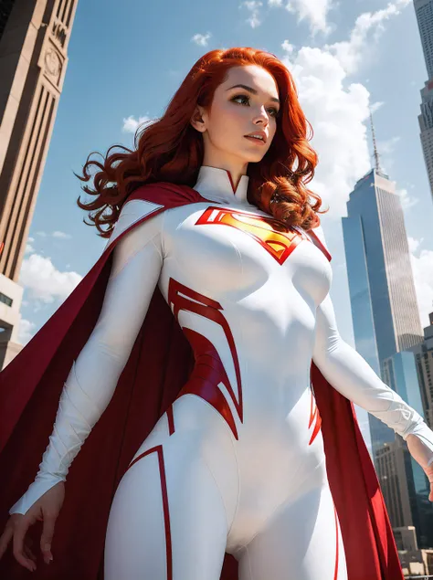 A 25-year-old girl with red hair in an elaborate long-sleeved Superman costume in white, covering the whole body, (dramatic:1.5), white capelet, White Superman Costume, Suit with white carbon fiber details, flying in the sky, (intricate details:0.9), (HDR,...