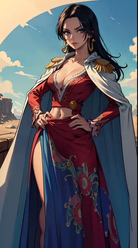 (masterpiece, best quality: 1.2), cowboy shot, solo, 1girl, boa hancock, looking at viewer, hand on hip, cape, epaulettes, cleavage, jewelry, earrings, midriff, ((Long Dress)), (blue sky)