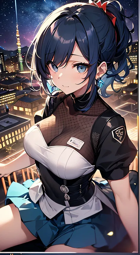 top-quality、Top image quality、​masterpiece、girl with((cute little、18year old、Best Bust、Medium bust、Bust 85,Beautiful blue eyes、Breasts wide open,Black Short Sleeve T-Shirt、White see-through、Black short skirt、Ponytail with black hair、Beautiful blue earrings...