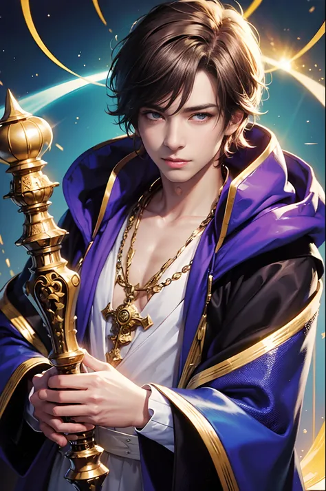 High-resolution closeup portrait of a male magician, with ornate robes and a ((powerful magic wand)), bright colorful light shining behind him, detailed face. Alchemy symbols.