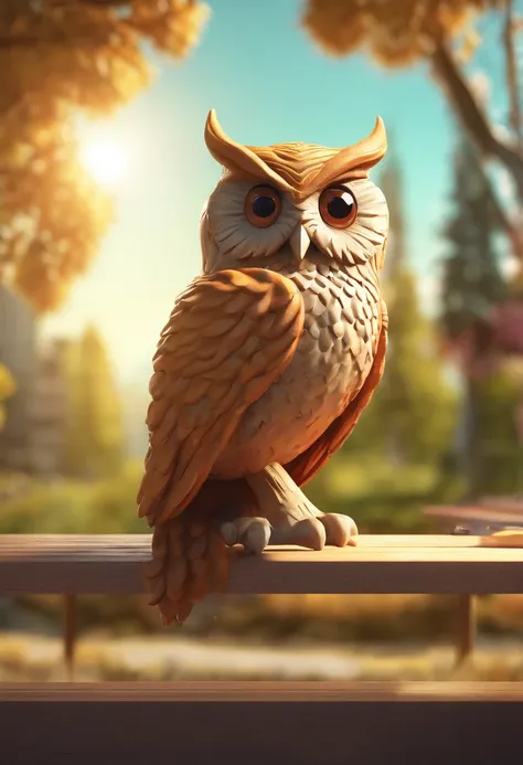 An owl with big eyes and fuzzy feathers is sitting on a coffee table in a park. The sun is shining and there are lots of people walking and playing around. The owl is taking a sip of coffee from a small cup and smiling to herself. She is wearing a coffee c...