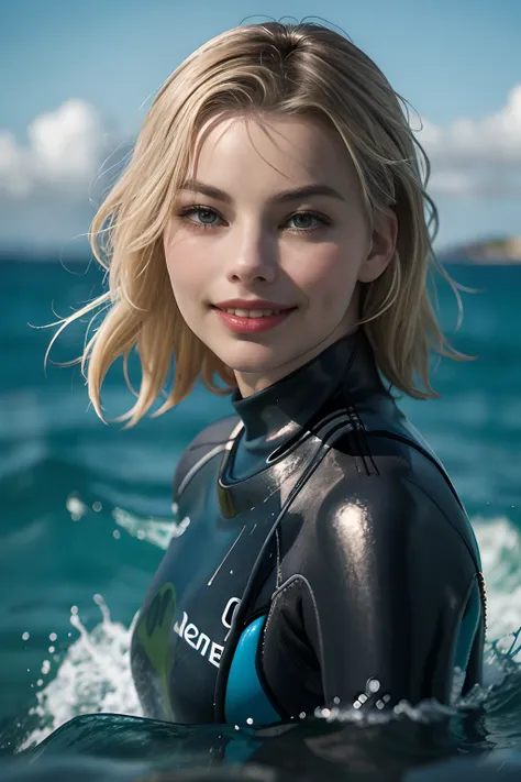 margot robbie, 1girl, portrait, face, depth of field, smile, wetsuit, sea, evening, afloat, waves,