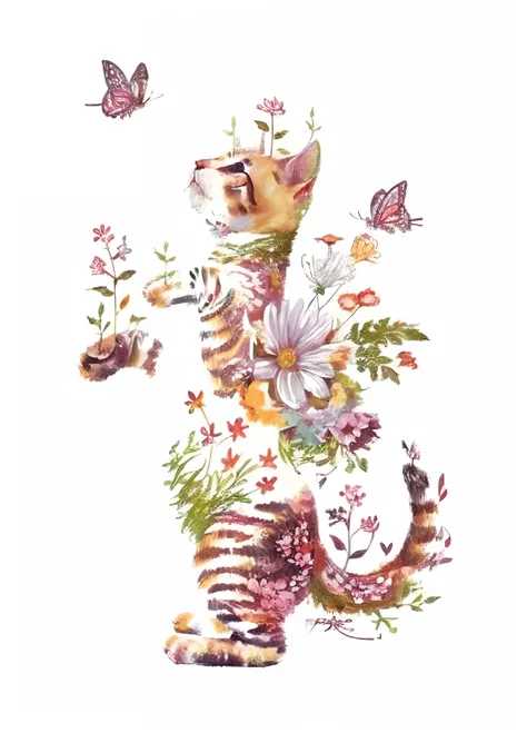 Close up of a cat with flowers and butterflies on white background, cat design, cats and plants, cat detailed, illustration of a cat, author：Li Kelan, author：Li Meishu, author：Tan Yang Kano, Cat Seahorse Shapeshifter, author：Li Zai, author：Julian, A painti...