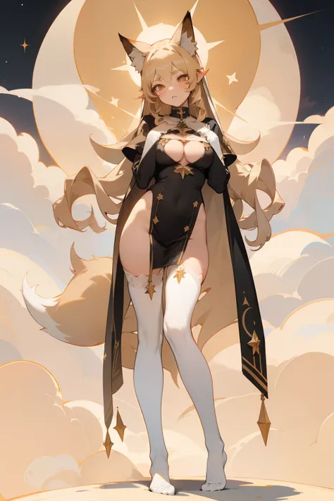 pointy ears，Long beige hair，one-girl，Bigboobs，fox ear，Two legs，White knee-length stockings，Star decoration，（middle parted hairstyle），The hair of the sideburns grows to the chest，hair straight，Lace，No shoes on，Standing in the clouds，Clouds，lewd nun，chies