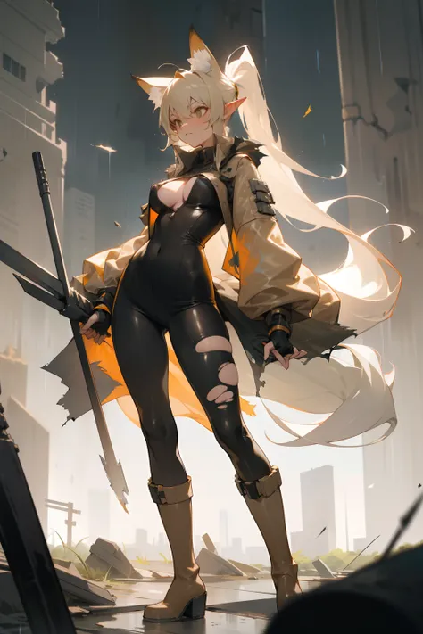 pointy ears，Long beige hair，one-girl，Bigboobs，fox ear，Two legs，wearing headphone，see-through raincoat，Long leather boots，tightsuit，sporty attire，Long strip decoration，Star decoration，High ponytail hairstyle，Torn clothes，Clothes with holes in holes，Torn clo...