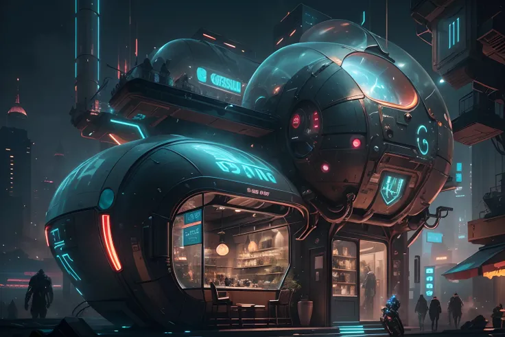 ((Need)), ((tmasterpiece)), (A detailed))，Coffee capsule，Exterior view of oversized capsule coffee shop，cyber punk style，heavy metal style，，Plus waiters and customers，Futuristic technology，Alien technology，Future cyberpunk，Surreal dreams，Surrealist art fan...