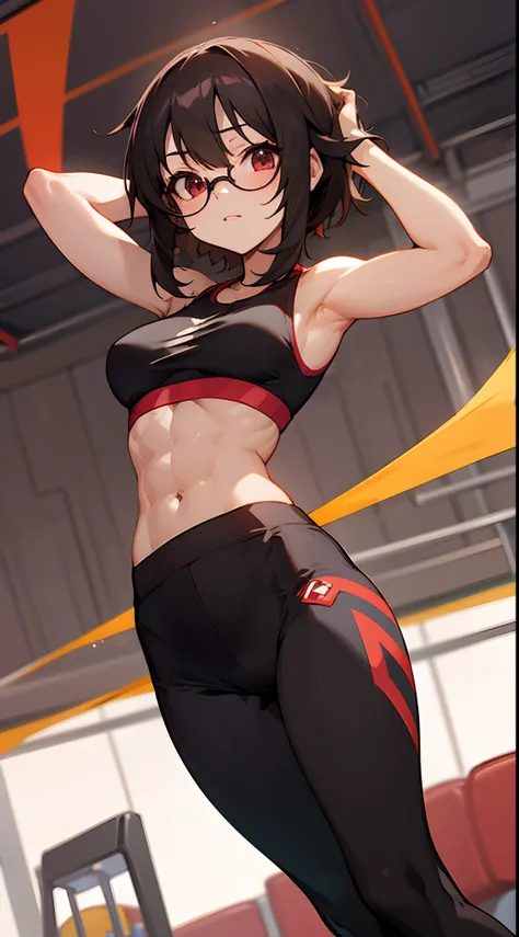 Megumin, six pack abs, muscle arms, sport bra, sport leggins, glasses, short hair, gym