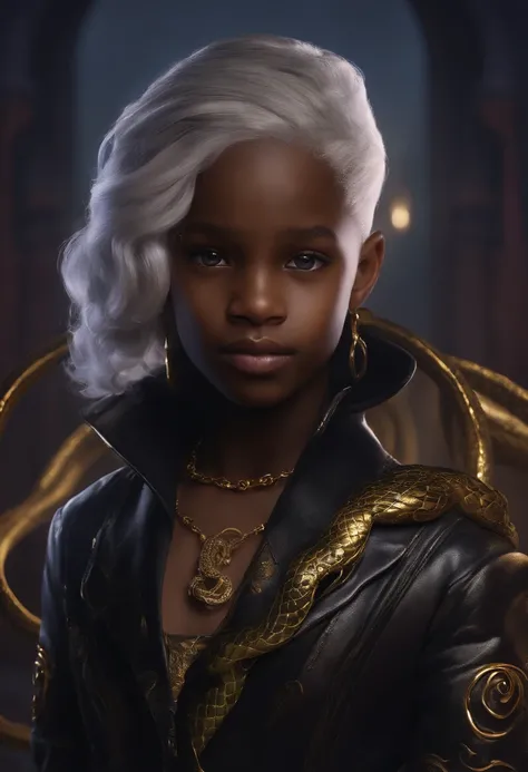 A preteen with a leash of straight white hair, dark skin, Latin ancestry, purple irises, wearing a black tatical suit with golden threads and wearing golden earrings shaped like snakes. Detailed eyes, detailed face, intricate grunge outfits, cinematic ligh...