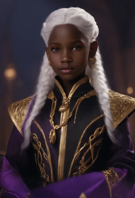 A preteen with a leash of straight white hair, dark skin, Latin ancestry, purple irises, wearing a black tatical suit with golden threads and wearing golden earrings shaped like snakes. Detailed eyes, detailed face, intricate grunge outfits, cinematic ligh...