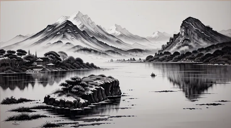 Black and white painting，chinese paintings，ink and watercolor painting，landscape painting，landscape