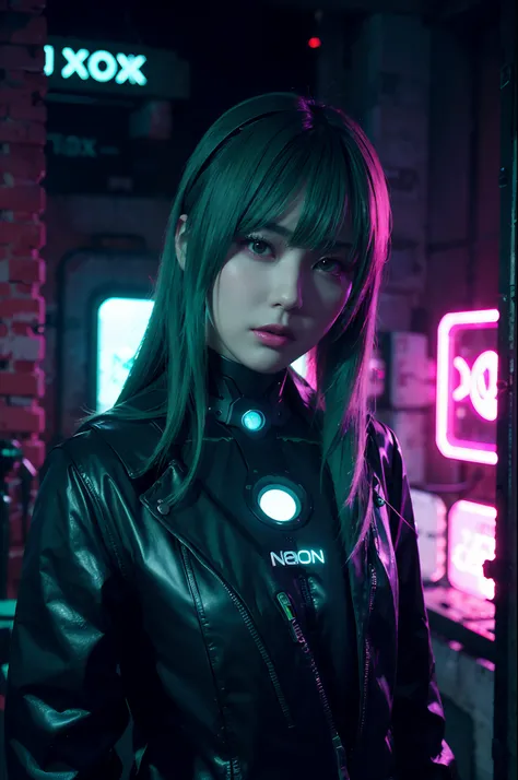 Neon Noir Beautiful Female Semi Robot,Looking at Viewer, . Cyberpunk, Dark, Back alley, neon signs, High contrast, low illuminance, Vibrant, Highly detailed, Green Ash Hair Color, Luminous Eyes