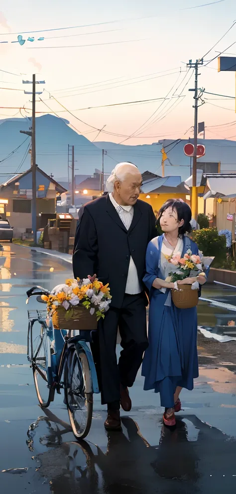 Asian elderly，couple，Have by the sea，Sunset，They walked the streets on bicycles and a basket of flowers, high quality film still, cinematic Film still from, Still from the movie, award winning movie still, full color still, high resolution film still, scre...