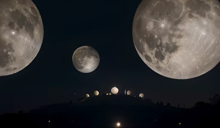 Planets with full moons visible。In the distance, you can see angels living under the watchful eye of the full moon。The background is multiple pillars of light。