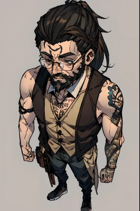 slim man, old hipster man wearing a vest, tied up hair and tattoos on his arms, brown hair and beard, full body, detailed glasse...