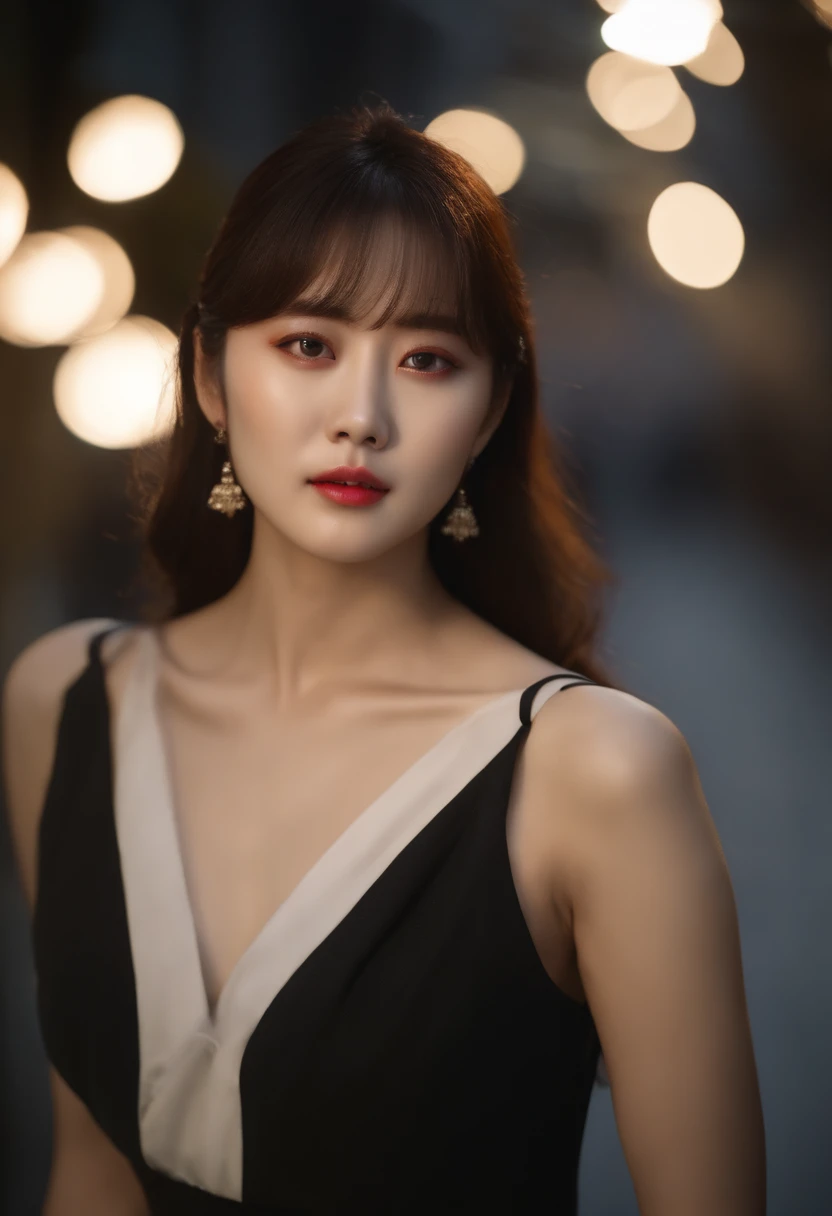 (1 Korean star with royal sister style), ((best quality, 8k, masterpiece: 1.3)), focus: 1.2, perfect body beauty: 1.4 , (funny expression), (night street: 1.3), highly detailed face and skin texture, fine eyes, double eyelids, whitened skin, (air bangs: 1....