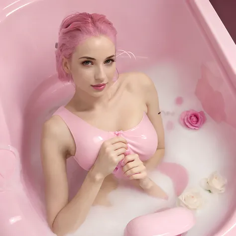 Woman in the bathtub，Pink vibrating device and rose, Vibrating, playful vibe, entangled vibrating, Hot, intimate, attractiveness, easy to use, sensuality, bottom angles, high light, the woman holds more toys, pink water in a large bath, fantasy atmosphere,...