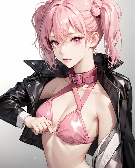 (masterpiece), best quality, expressive sad and teary eyes, perfect pale face, pink medium hair into small pigtails, has pink eyes. Wearing a tight leather collar around the neck and wears a bikini top.