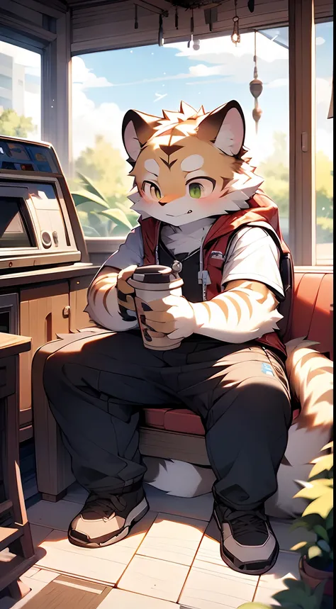 Masterpiece, Best quality, Perfect anatomy, author：K0bit0wani, author：Milk Tiger 1145, (author：Dex:0.3), Furry, coyote, tiny ears, Solo, Male, baggy pants, Tight red vest, Eau, Abs, Small raised, Slightly chubby figure, In brewing coffee, Detailed backgrou...