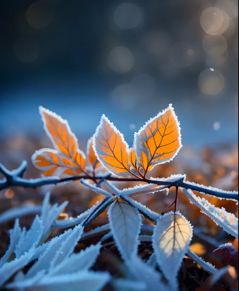 There is a small leaf on the ground, Frost, Glowing Leaves, Cold but beautiful, Matte, orange and brown leaves for hair, translucent leaves, Cold winter, soft light of winter, winter setting, leaves and magic, icy, winter vibes, inspired by Arthur Burdett ...