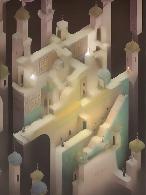 (author：Phil Noto, by Pixar, author：Corey Loftis, author：Ed Mayer, author：Drew Struzan, author：Alberto Morroco), tmasterpiece，monument valley，geomerty，Paradox geometry,tile,Brown tiles,Building,Dome,Onion dome,Brown onion dome,water,stairways,Buttress,arch...