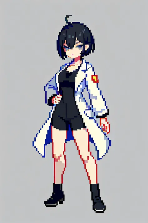 (masterpiece, top quality, best quality, less detail, 8-bit color), pixel,pixel art,1 short girl,draw on aseprite software,full body, long lab coat, bra on top, short pant,attack pose, simple eyes color, limit eyes color,