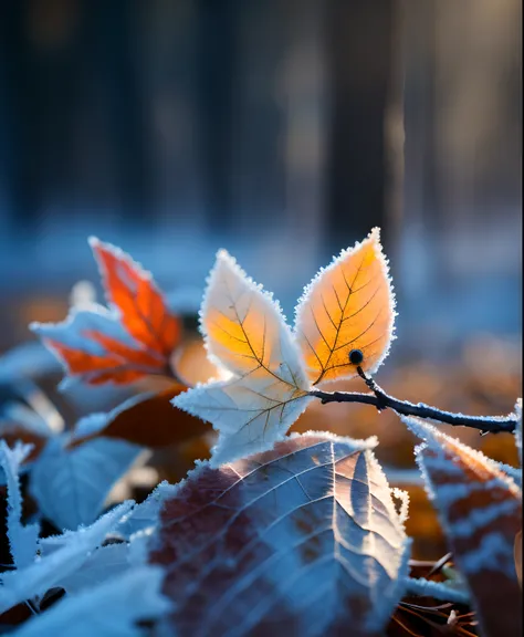 There is a small leaf on the ground, Frost, Glowing Leaves, Cold but beautiful, Matte, orange and brown leaves for hair, translucent leaves, Cold winter, soft light of winter, winter setting, leaves and magic, icy, winter vibes, inspired by Arthur Burdett ...