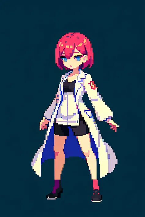 (masterpiece, top quality, best quality, less detail, 8-bit color), pixel,pixel art,1 short girl,draw on aseprite software,full body, long lab coat, bra on top, short pant,attack pose, simple eyes color, limit eyes color,