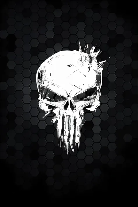 A closeup of a skull on a black background with hexagons, Punisher, of spiked gears of war skulls, papel de parede do pc, papel de parede 4k, papel de parede 4K, Papel de parede - 1 0 2 4, papel de parede do telefone hd, minimal black skull warpaint, papel...