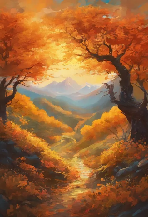 golden autumn，A 45-year-old middle-aged Chinese man，Great figure，Walk firmly on the mountain path，In the distance are high mountain peaks，Wearing gray sportswear，On both sides of the road are golden apple trees，Pretty ripe apples，hentail realism，k hd，high ...