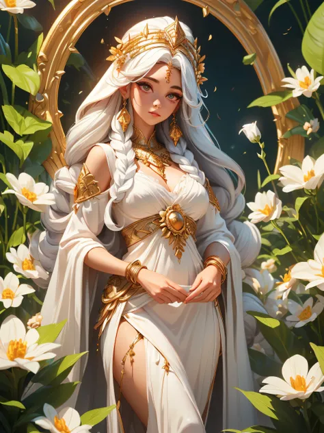 (( a close body portrait of a mystical divinity Greek goddess Persephone  wearing a long white gown robe, headdress adorned with flowers and vegetation.)), (she has dark white hair and she is picking flowers in a flower garden), (her role as the goddess of...