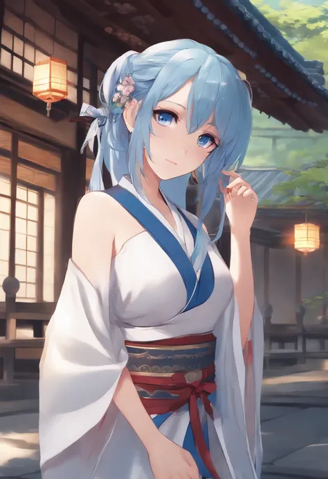 A anime high school girl, wear sexy kimono, short kimono, bare arms, bare back, bare shoulder, walking, long hair, light blue hair, look at viewer, blue eyes