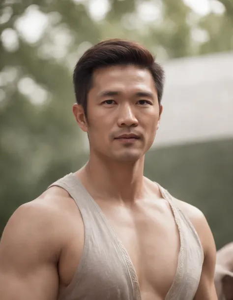 Cinematic , , Facing the audience, (reality :1.3), most beautiful artwork photo in the world, two   Asian man, 42 year old, daddy body, shirtless tan sweat skin, hairy chest, Detailed beautiful face, action  shot, (Intricate :1.4), Western background, phot...