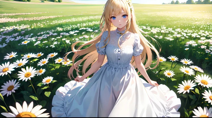 1girl,in a field of flowers,white flower,looking at viewer,blue eyes,blonde hair,daisy,long hair,pure white dress,