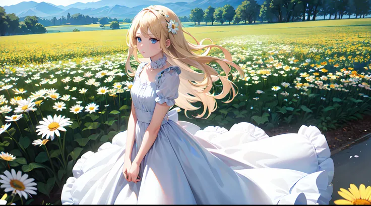 1girl,in a field of flowers,white flower,looking at viewer,blue eyes,blonde hair,daisy,long hair,pure white dress,