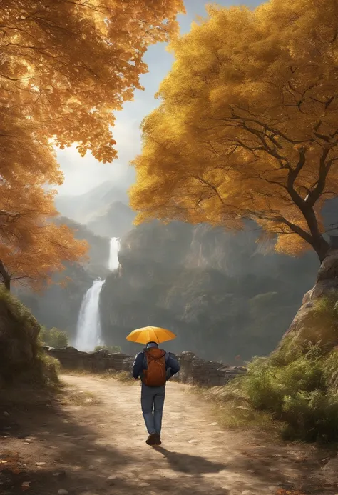 golden autumn，A 45-year-old middle-aged Chinese man，Great figure，Walk firmly on the mountain path，In the distance are high mountain peaks，Wearing gray sportswear，On both sides of the road are golden apple trees，Pretty ripe apples，hentail realism，k hd，high ...