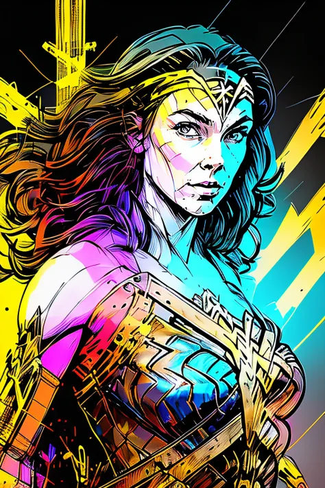 nvinkpunk, (((wonder woman))), masterpiece, best quality, ((detailed face)), short messy hair, tanned, bright eyes, ((award winning)), (High Detail), Sharp, 8k, trending on artstation, intricate