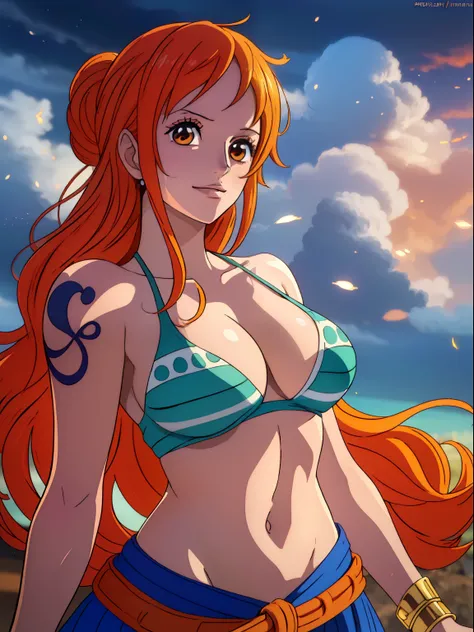 nami from one piece,Very light orange and yellow hair girl,Beautiful brown eyes, Reddening cheeks,Smile at the audience in the clouds of the sky,Large breasts,Red cheeks，No hairy . She was supposed to be dressed in ancient Greek clothing.The art style shou...