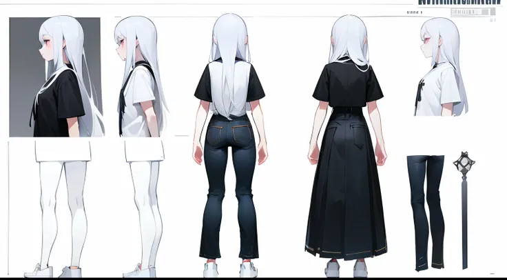 Girl with long thin white hair, White Skin Skin, Slim, beatiful face, little chest, wearing black jeans and a white t-shirt, white sneakers, Full-length, Character Sheet, Three Front, Side, Back Views