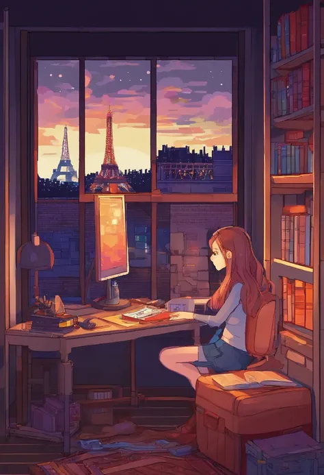 Beautiful teenage girl in her room in the city war pads studding a book computer in front of the stars in the window at night the hyper-realistic Eiffel Tower,8k,HD ultra detallado,Estilo Pixar,a high definition,16:9