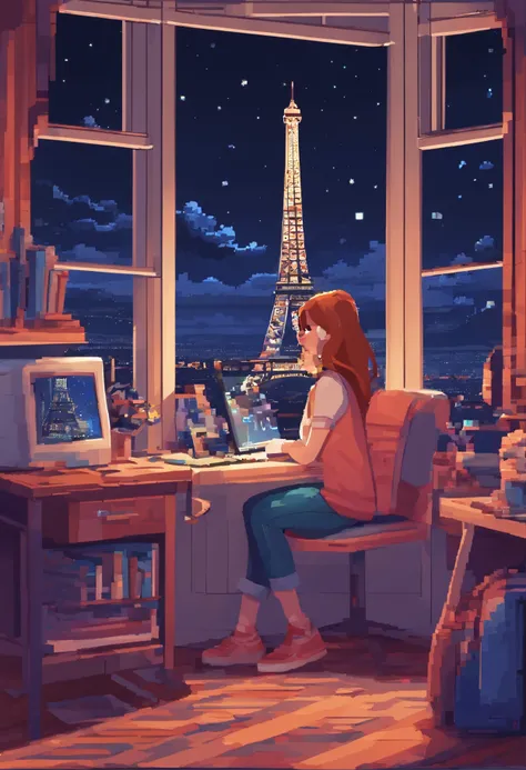 Beautiful teenage girl in her room in the city war pads studding a book computer in front of the stars in the window at night the hyper-realistic Eiffel Tower,8k,HD ultra detallado,Estilo Pixar,a high definition,16:9