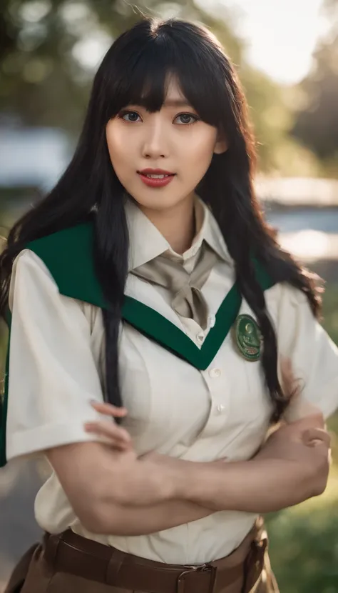 Cho Bo-ah as Tsuyu Asui from My Hero Academia, with a long tongue sticking out of the mouth, sunny day, go to highschool, wearing school uniform, Cinematic, Ultrarealistic, Epic Scene, Photography, 70mm Shot, Telephoto, f/2.8, High Contrast, 8K, Cinematic ...