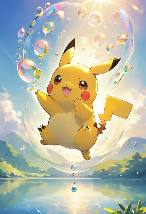 A touching scene in ultra-high definition 3D showcasing Pikachu making a wish beside a tranquil lake. Pikachu, beautifully rendered in detail, is seen gently blowing bubbles into the air, each one carrying a hopeful wish. The bubbles catch the reflection o...